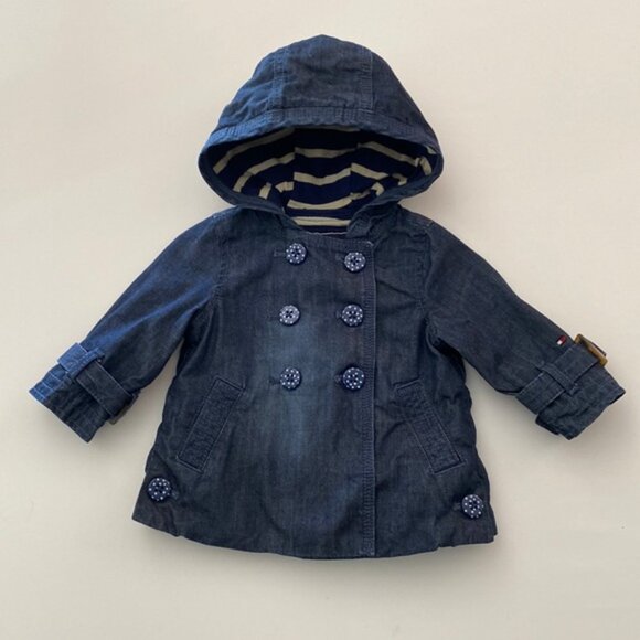 Tommy Hilfiger Baby Girls Hooded Denim Pea Coat Polka-Dot Buttons 6-9 Months - Picture 6 of 11
